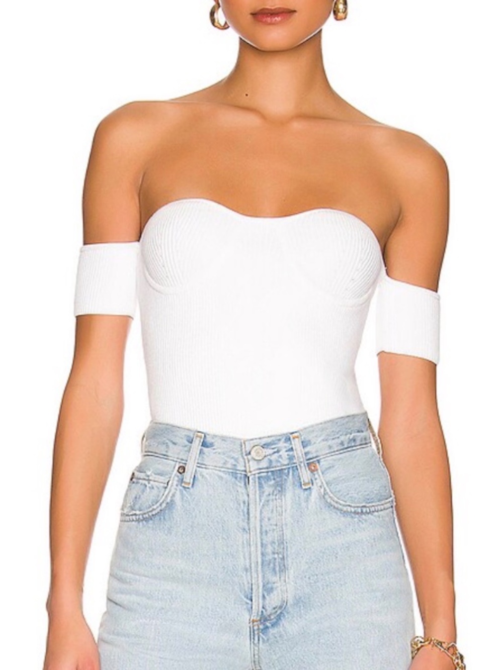 NWT Helmut Lang Contour Top White Off Shoulder Rib-Knit Stretch Bustier Tank Top